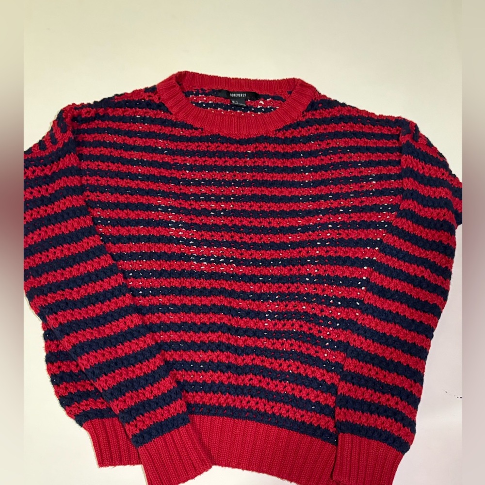 forever 21 mesh crochet red and blue striped sweater SZ. S EUC